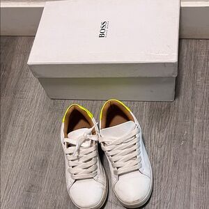 BOSS White Sneakers with Neon Yellow Heel Tab